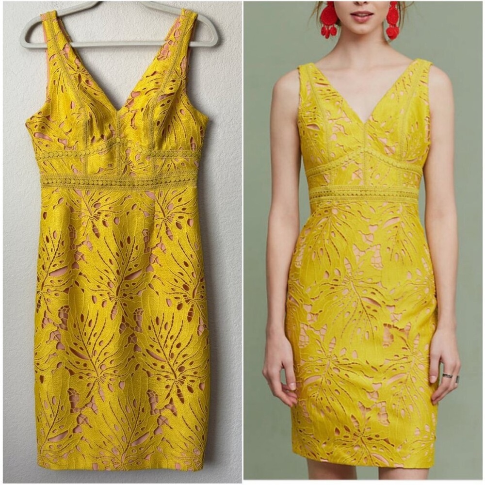 Anthropologie Maeve Lace‎ Gardenia Sheath V-Neck Yellow Dress size 4